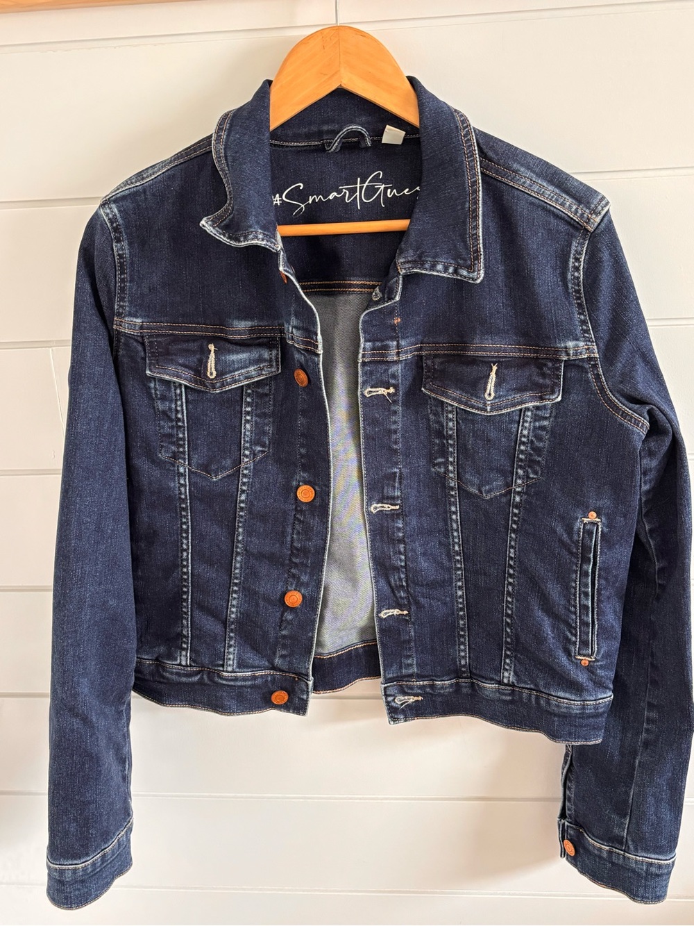 GUESS Jeans Dark Wash Fitted Denim Trucker Jacket - Size L